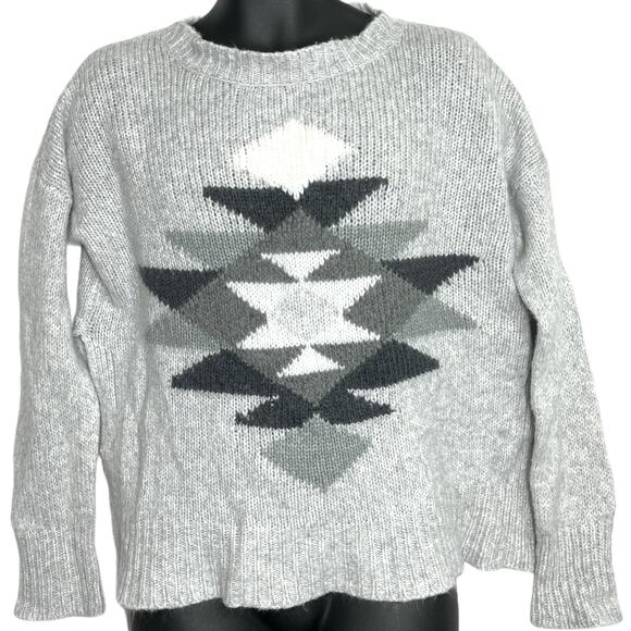 Aerie Wool Blend Aztec Geometric Sweater Size M Gray Knit Preppy Side Slits - Picture 1 of 6